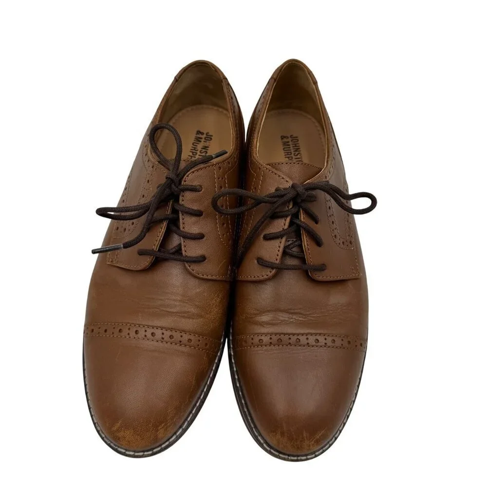 Johnston & Murphy Conard Cap Toe Oxford Brown Boys Size 5M Leather Dress Shoes